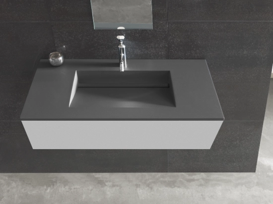 Plan vasque lavabo sur mesure : L 60 à 201 x P 40 à 51 cm, finition lisse mate, 10 couleurs au choix, Anti bactérien, résine Akrytan® teinté dans la masse, Livraison Offerte.